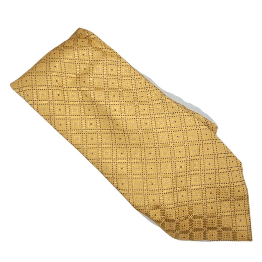 Barneys Mens Vintage Silk Tie Gold Navy Geometric Preppy Statement Formal